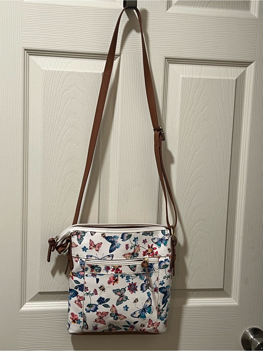 Bueno White Butterfly Print Crossbody Bag with Brown Strap